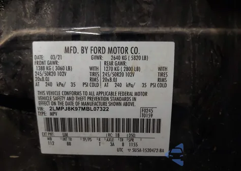 2021 Lincoln Nautilus Reserve z USA, uszkodzony, nr VIN 2LMPJ8K97MBL07322